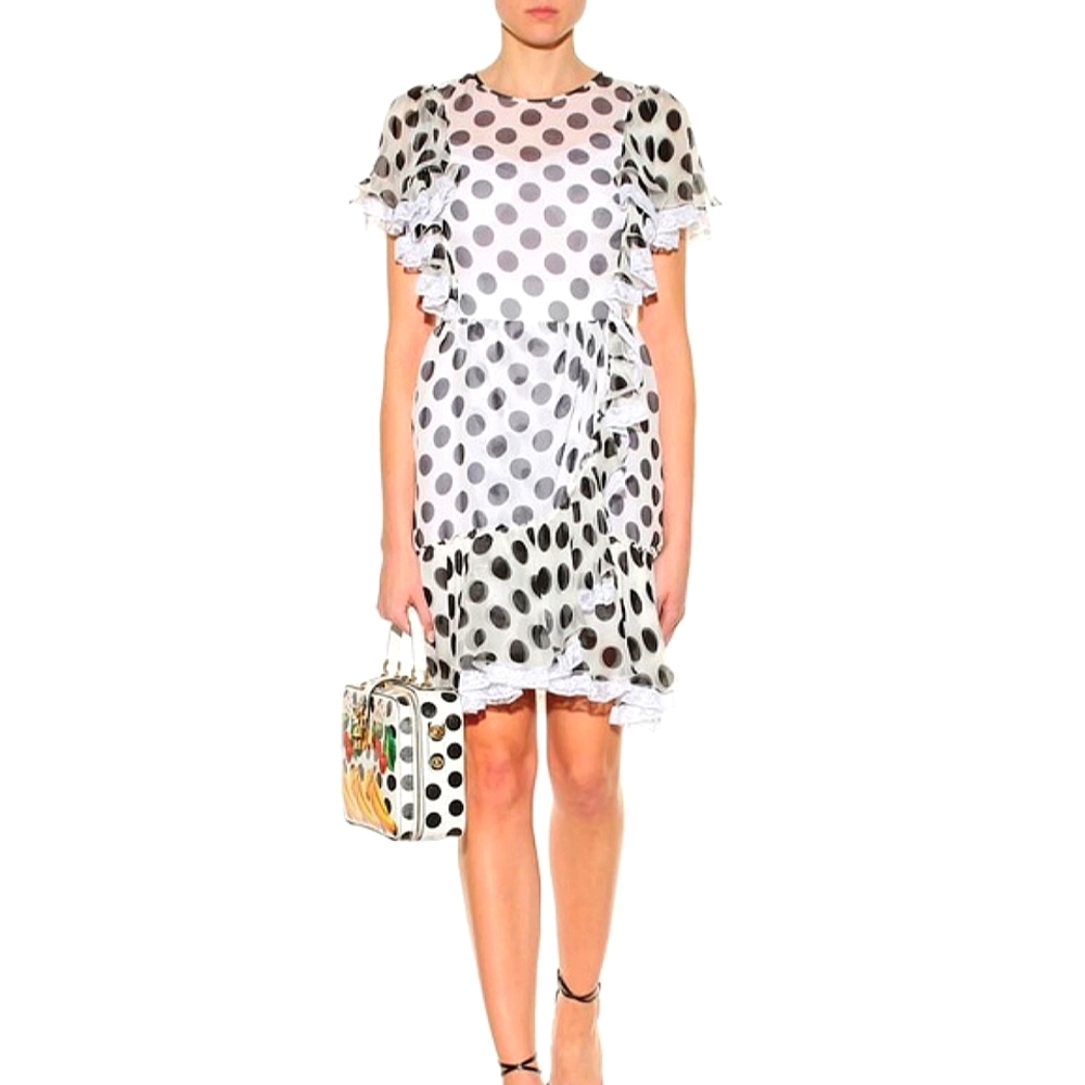 Dolce & Gabbana Black White Polka Dot Silk Ruffle Mini Dress Size 44